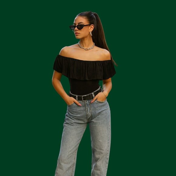 🖤 Fashion Nova Off-Shoulder Ruffle Black Bodysuit (Size M) - Picture 1 of 6